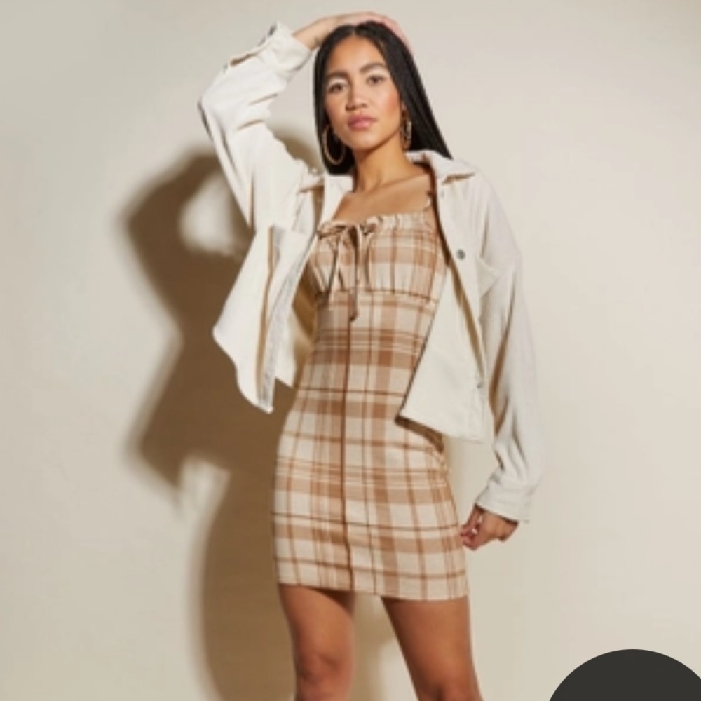 Brown Plaid Print Ruched Bust Dress- medium